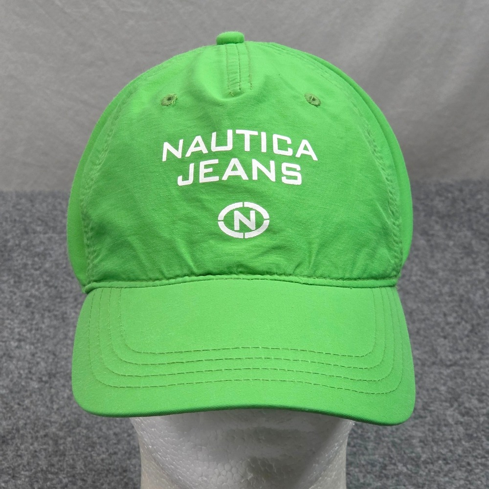 Vintage Nautica Jeans Hat Bright Green Logo Strapback Sporty Running Active 90s